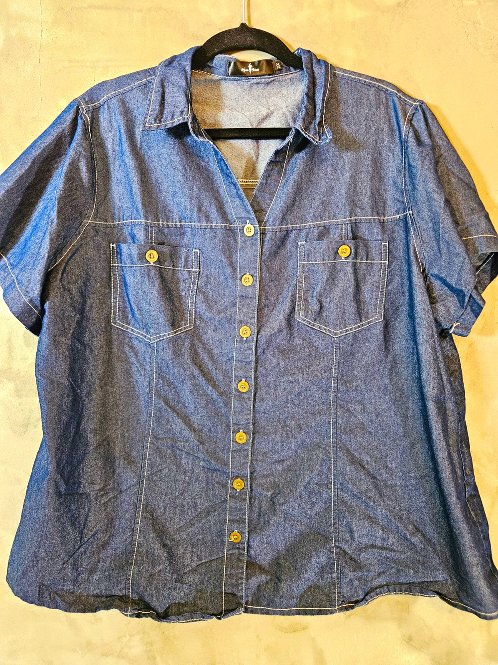 Agnes Orinda Size 2X Plus Blue Denim Cotton Collared Button-Up Shirt Pockets